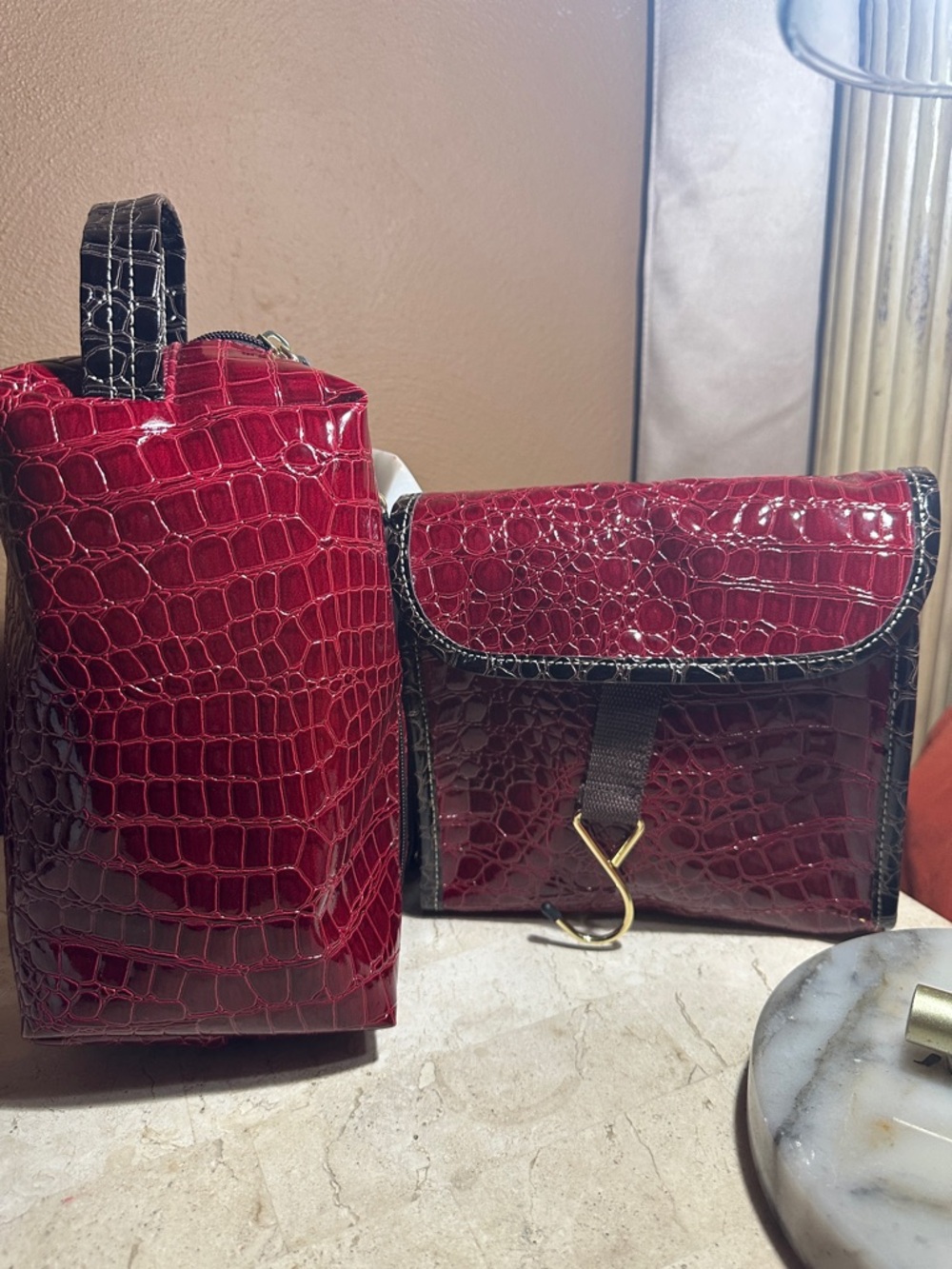 Women's Red Croc-Embossed  Travel Bag Set